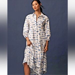 Anthropologie Maeve Bettina Tiered Shirt Dress by Maeve Fish Print pockets